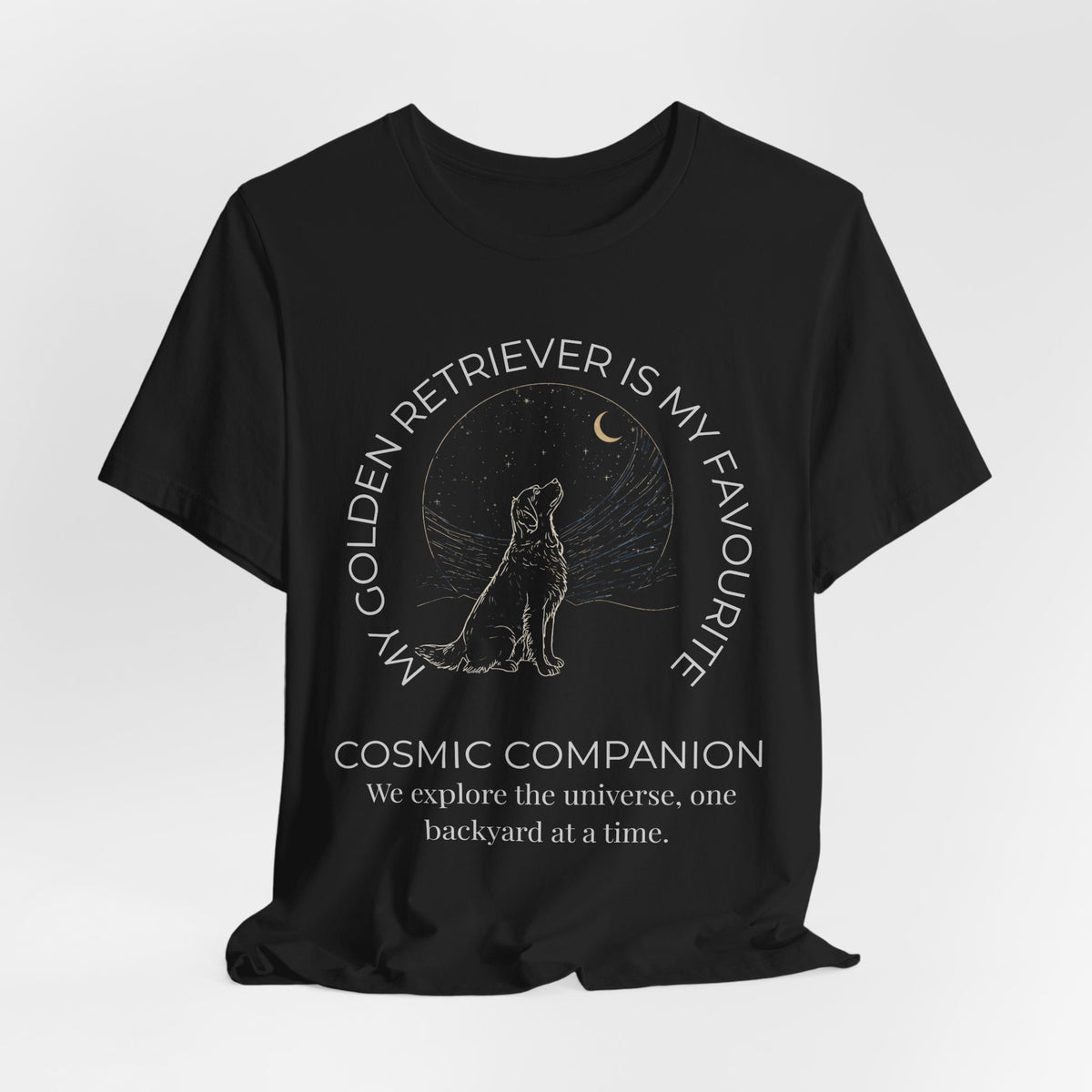 Golden Retriever Cosmic Companion T-Shirt flat lay