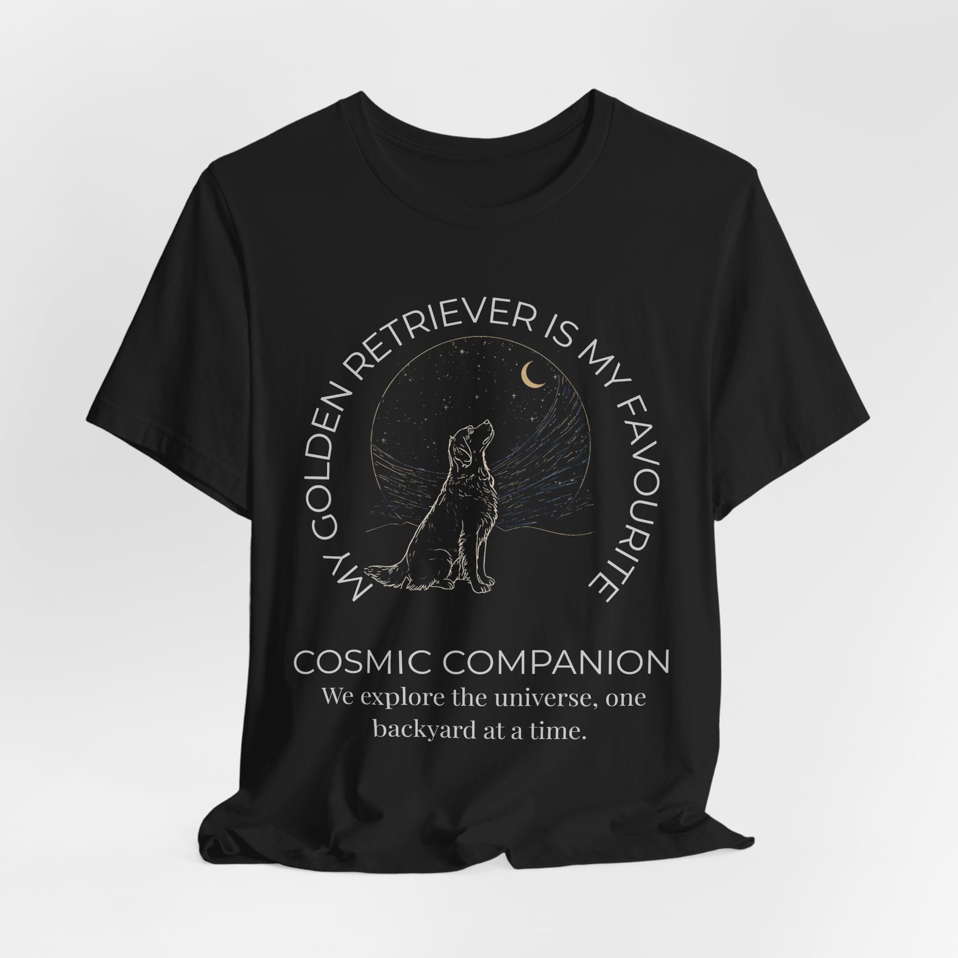 Golden Retriever Cosmic Companion T-Shirt flat lay