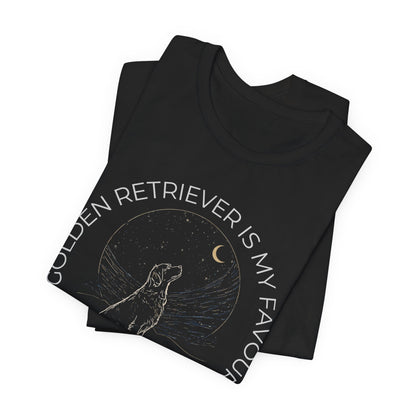 Golden Retriever Cosmic Companion T-Shirt worn by model outdoors