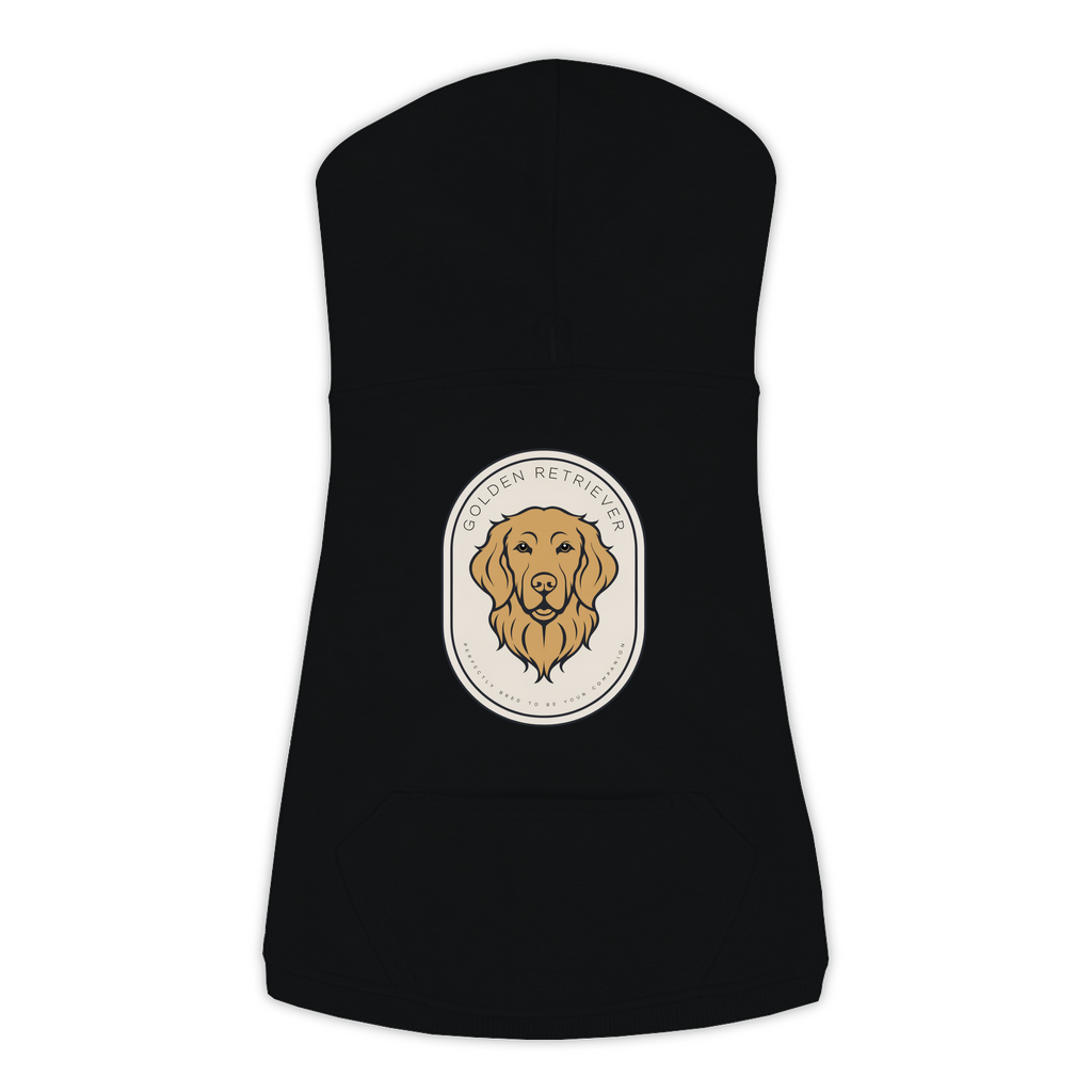 Golden Retriever dog hoodie in Black — gold crest emblem print on cosy fleece pullover