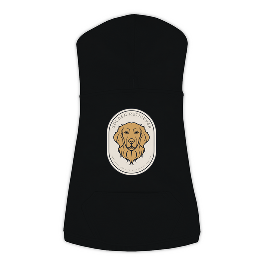 Golden Retriever dog hoodie in Black — gold crest emblem print on cosy fleece pullover