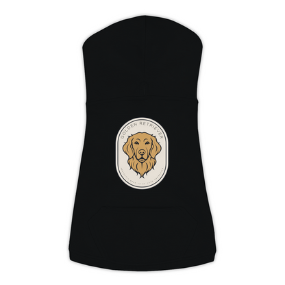 Golden Retriever dog hoodie in Black — gold crest emblem print on cosy fleece pullover