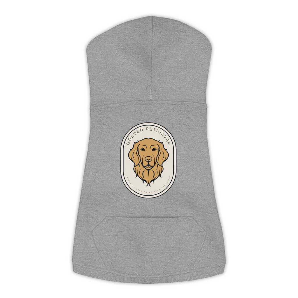 Golden Retriever dog hoodie in Granite Heather — gold crest emblem print on cosy fleece pullover