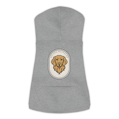 Golden Retriever dog hoodie in Granite Heather — gold crest emblem print on cosy fleece pullover