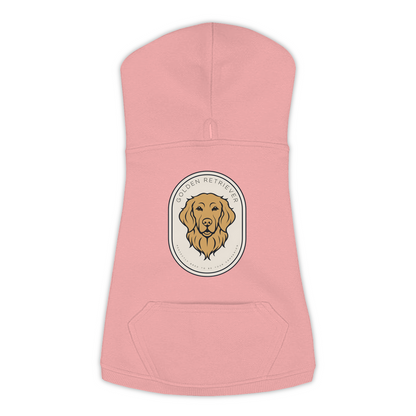 Golden Retriever dog hoodie in Mauvelous — gold crest emblem print on cosy fleece pullover