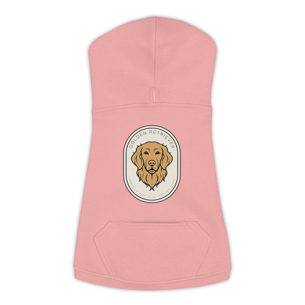 Golden Retriever dog hoodie in Mauvelous — gold crest emblem print on cosy fleece pullover