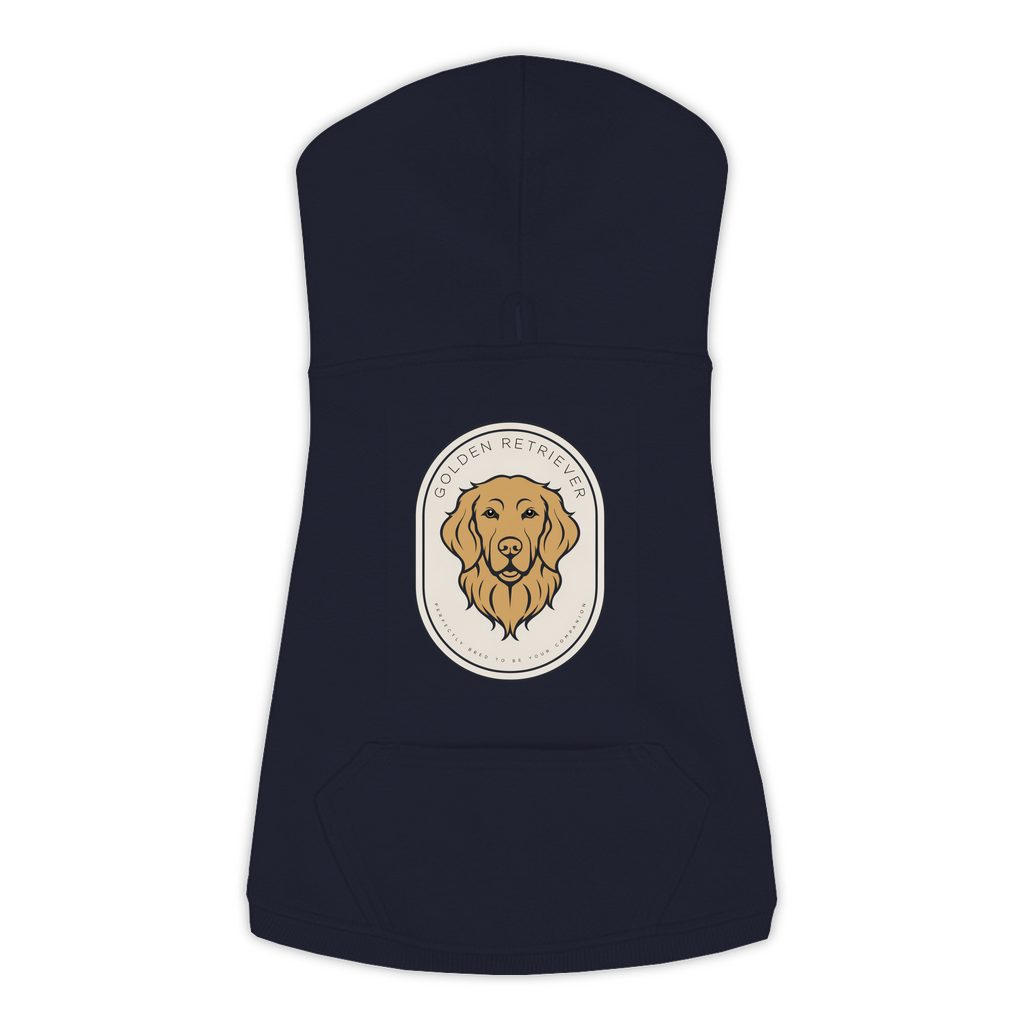 Golden Retriever dog hoodie in Navy — gold crest emblem print on cosy fleece pullover
