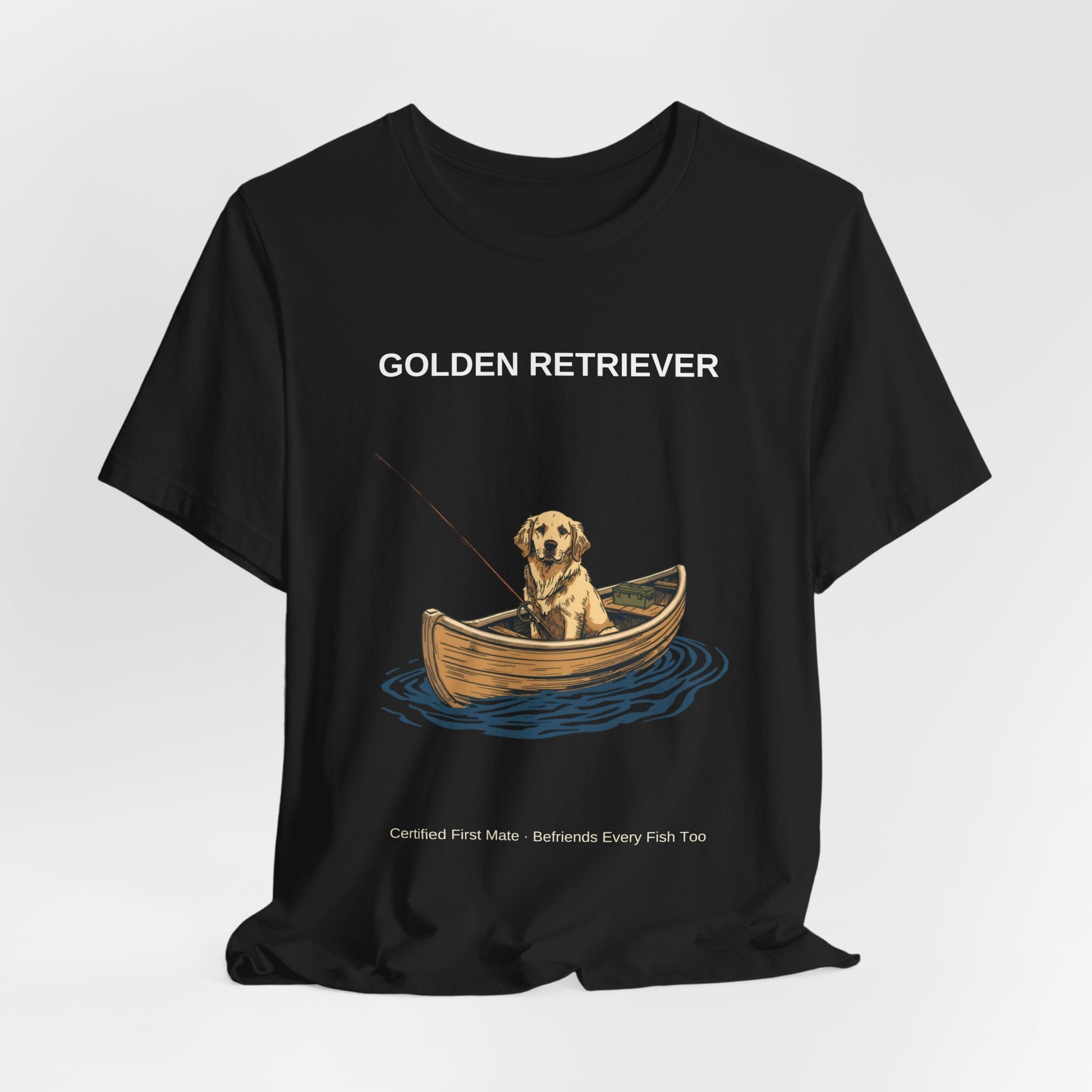 Golden Retriever Fishing Buddy t-shirt worn by model, lifestyle shot