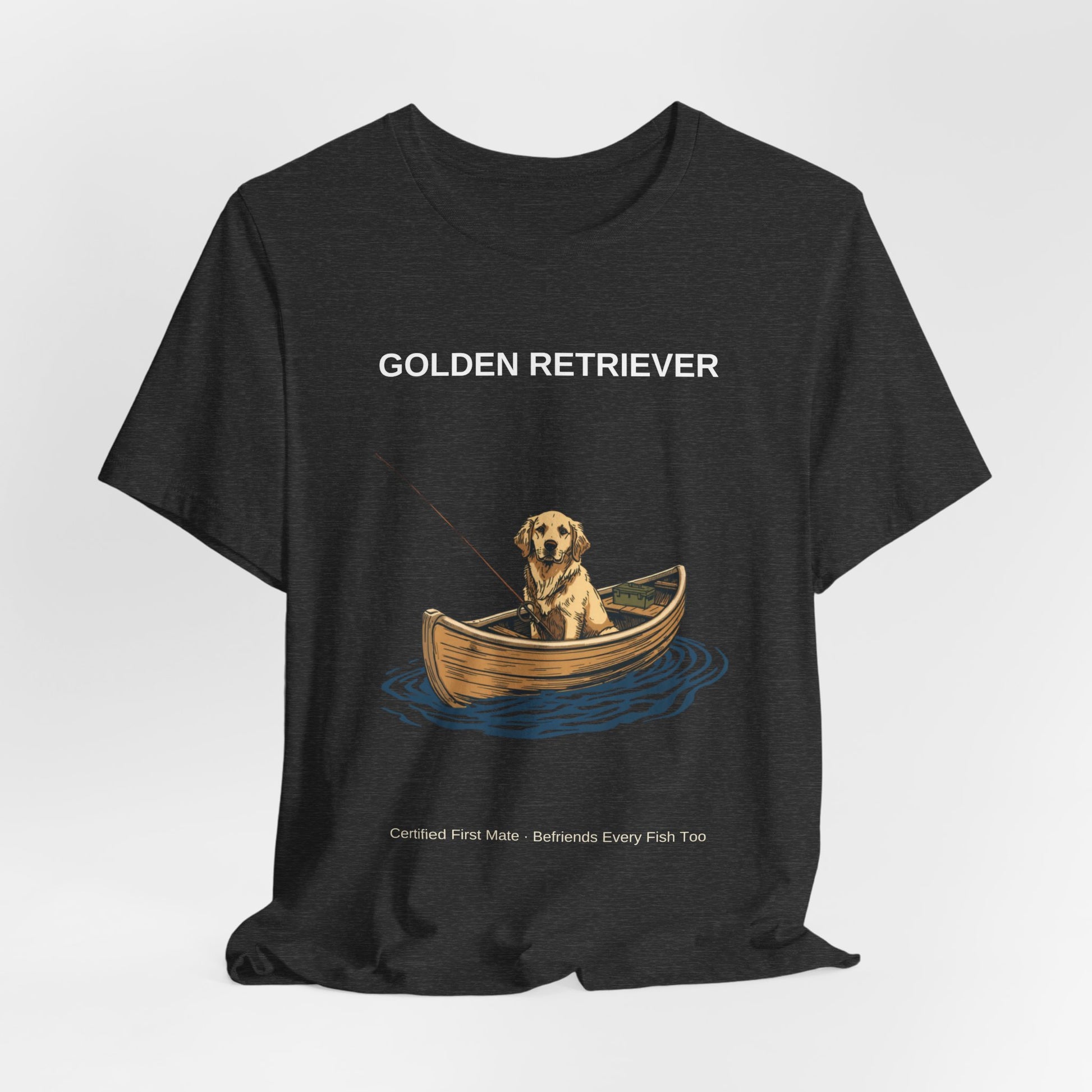 Golden Retriever Fishing Buddy t-shirt worn by model, full body shot