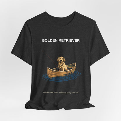 Golden Retriever Fishing Buddy t-shirt worn by model, full body shot