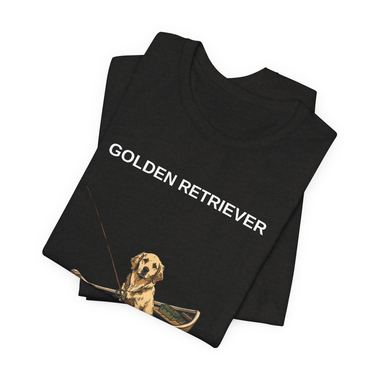 Golden Retriever Fishing Buddy t-shirt worn by model, outdoor setting