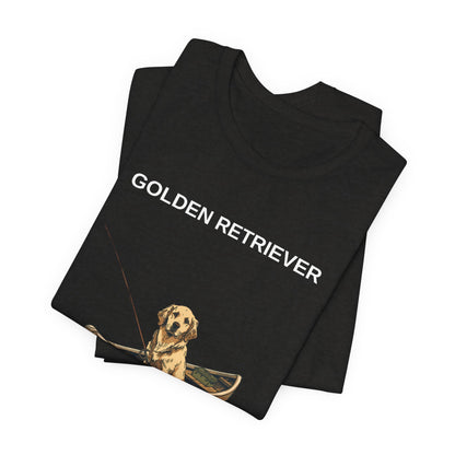 Golden Retriever Fishing Buddy t-shirt worn by model, outdoor setting