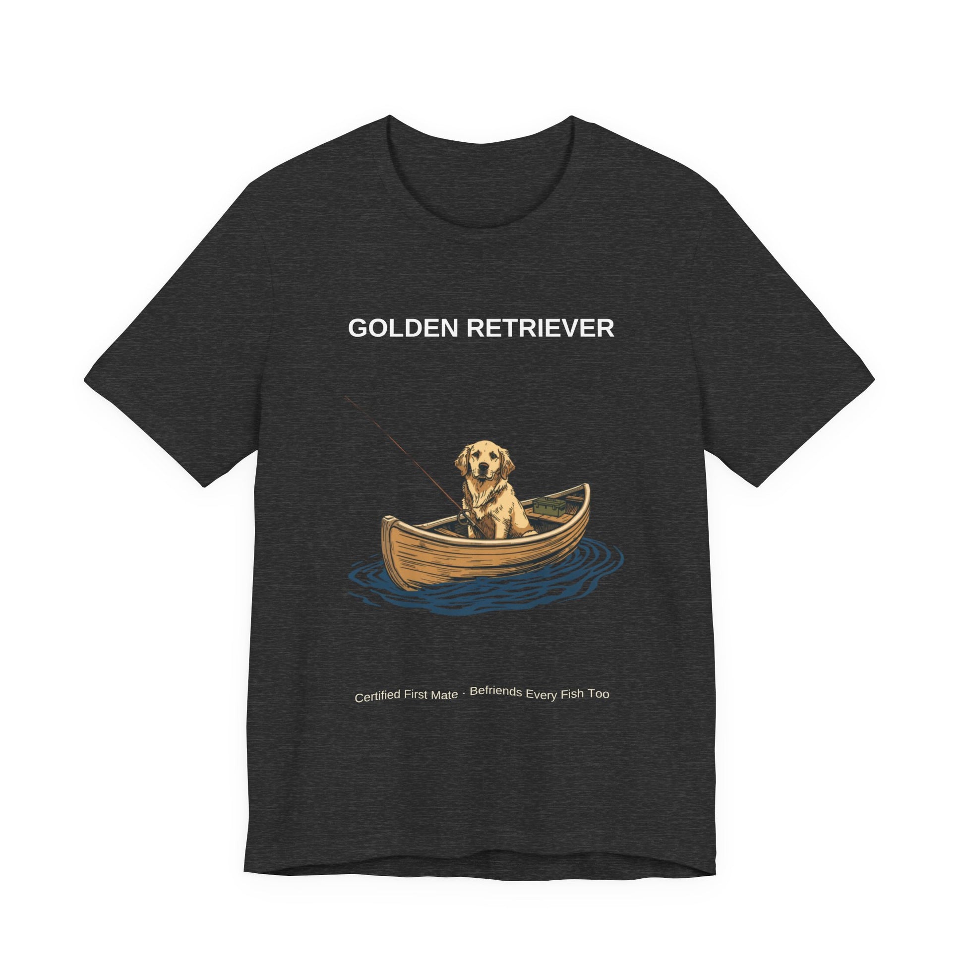 Golden Retriever Fishing Buddy t-shirt worn by model, seated shot