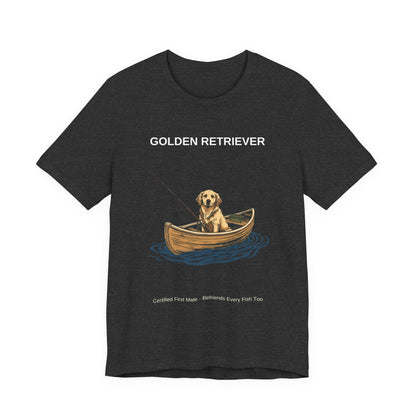 Golden Retriever Fishing Buddy t-shirt worn by model, seated shot