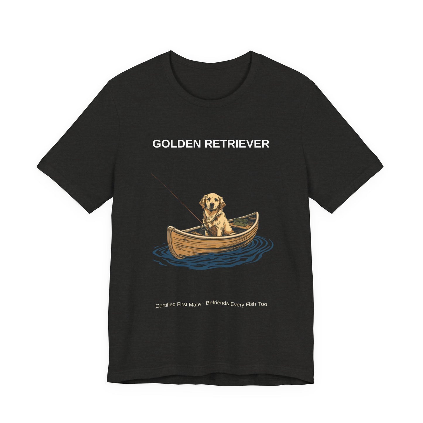 Golden Retriever Fishing Buddy t-shirt worn by model, three-quarter view