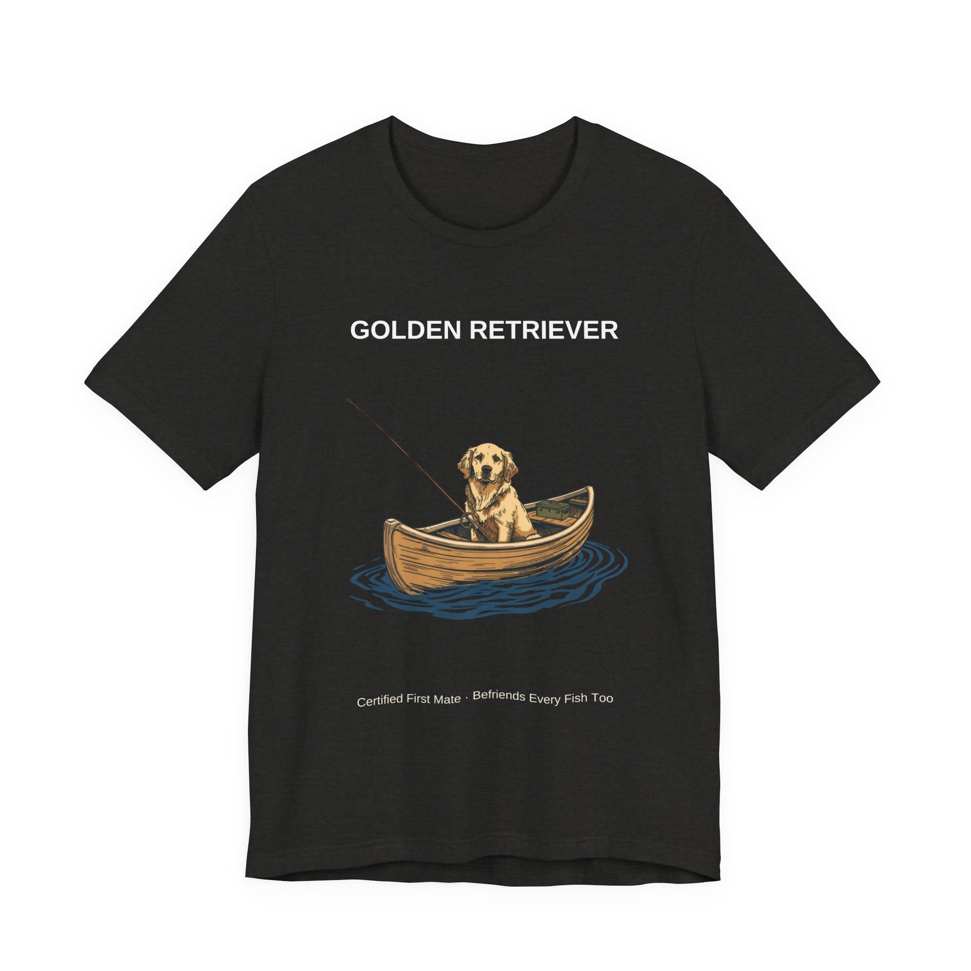Golden Retriever Fishing Buddy t-shirt worn by model, three-quarter view