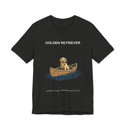 Golden Retriever Fishing Buddy t-shirt worn by model, three-quarter view
