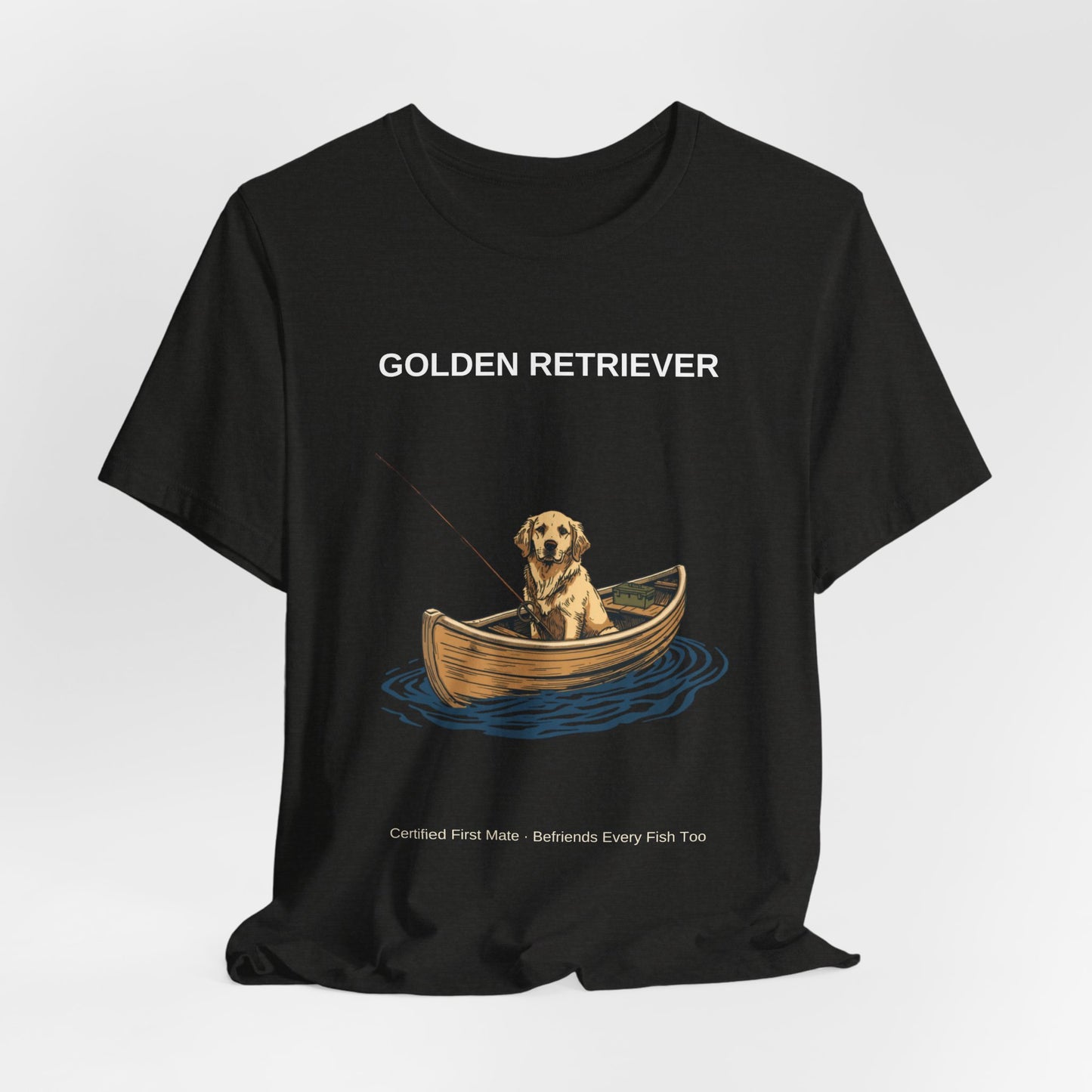 Golden Retriever Fishing Buddy t-shirt, design print detail close-up