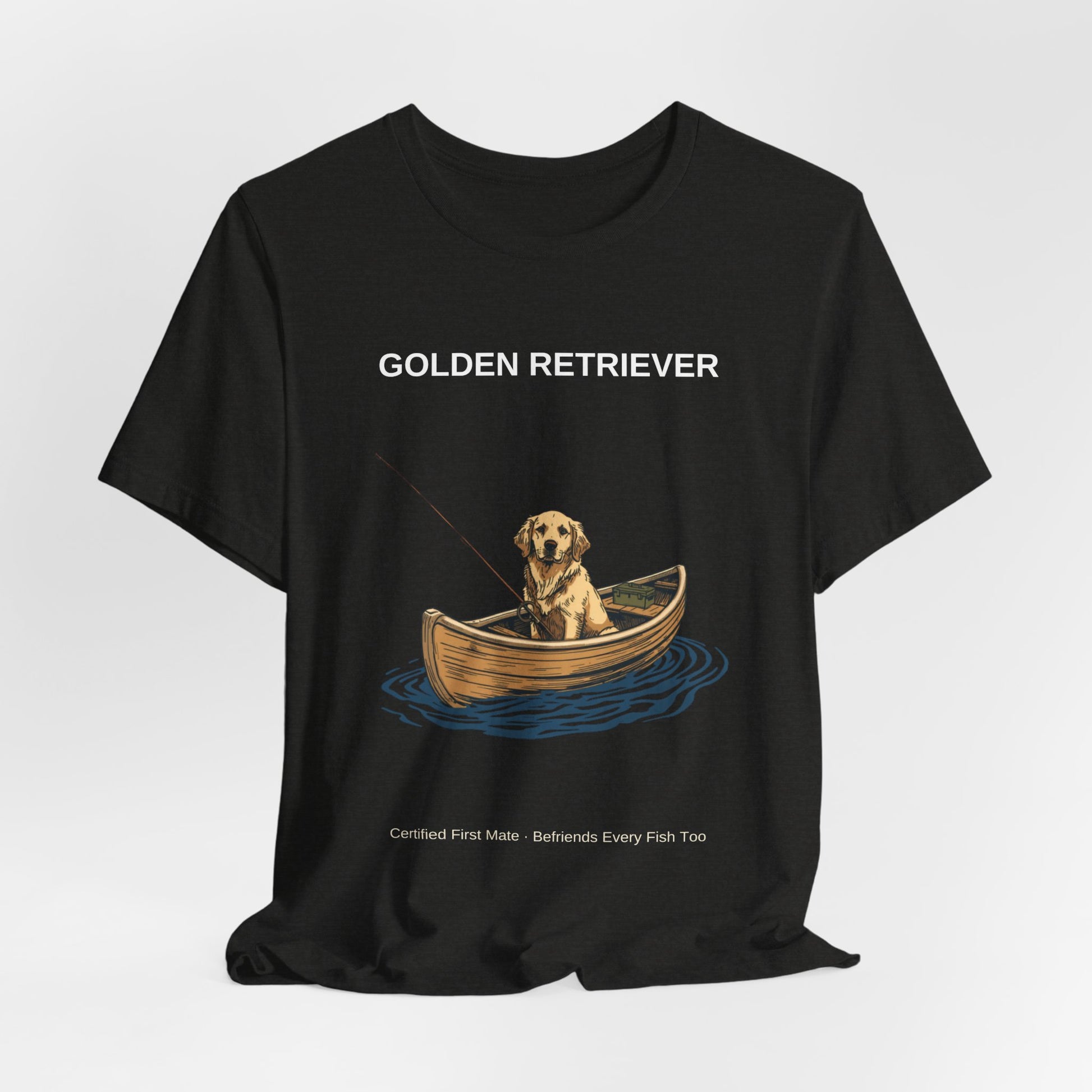 Golden Retriever Fishing Buddy t-shirt, design print detail close-up