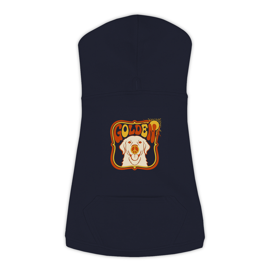 Golden Retriever dog hoodie in Navy — groovy retro print on cosy fleece pullover, size XL