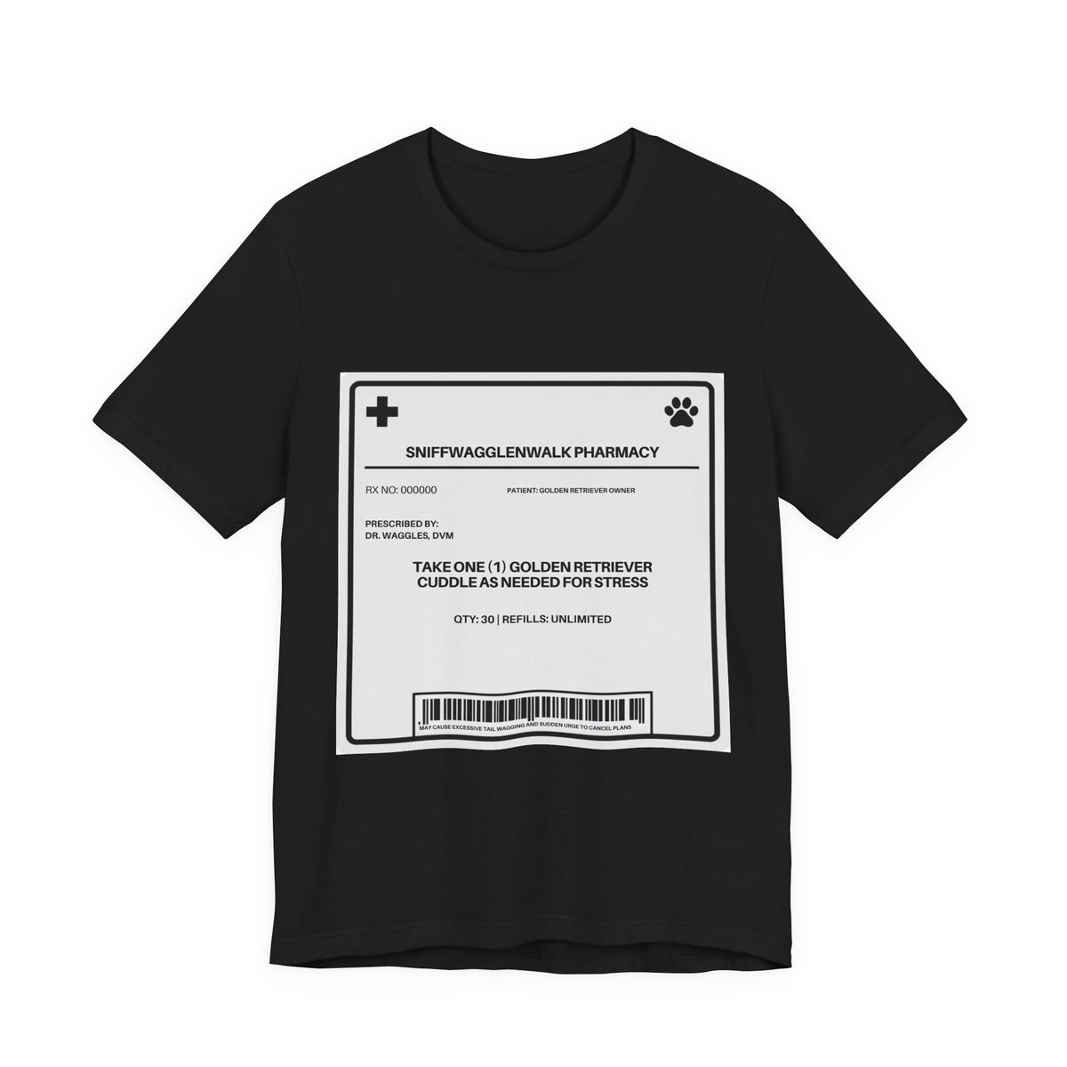 Golden Retriever Prescription Label t-shirt print close-up - SniffWaggleNWalk