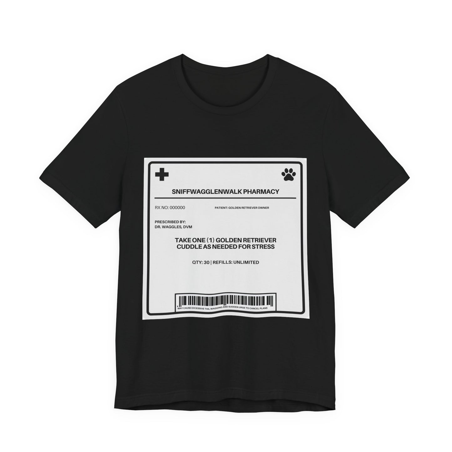 Golden Retriever Prescription Label t-shirt print close-up - SniffWaggleNWalk