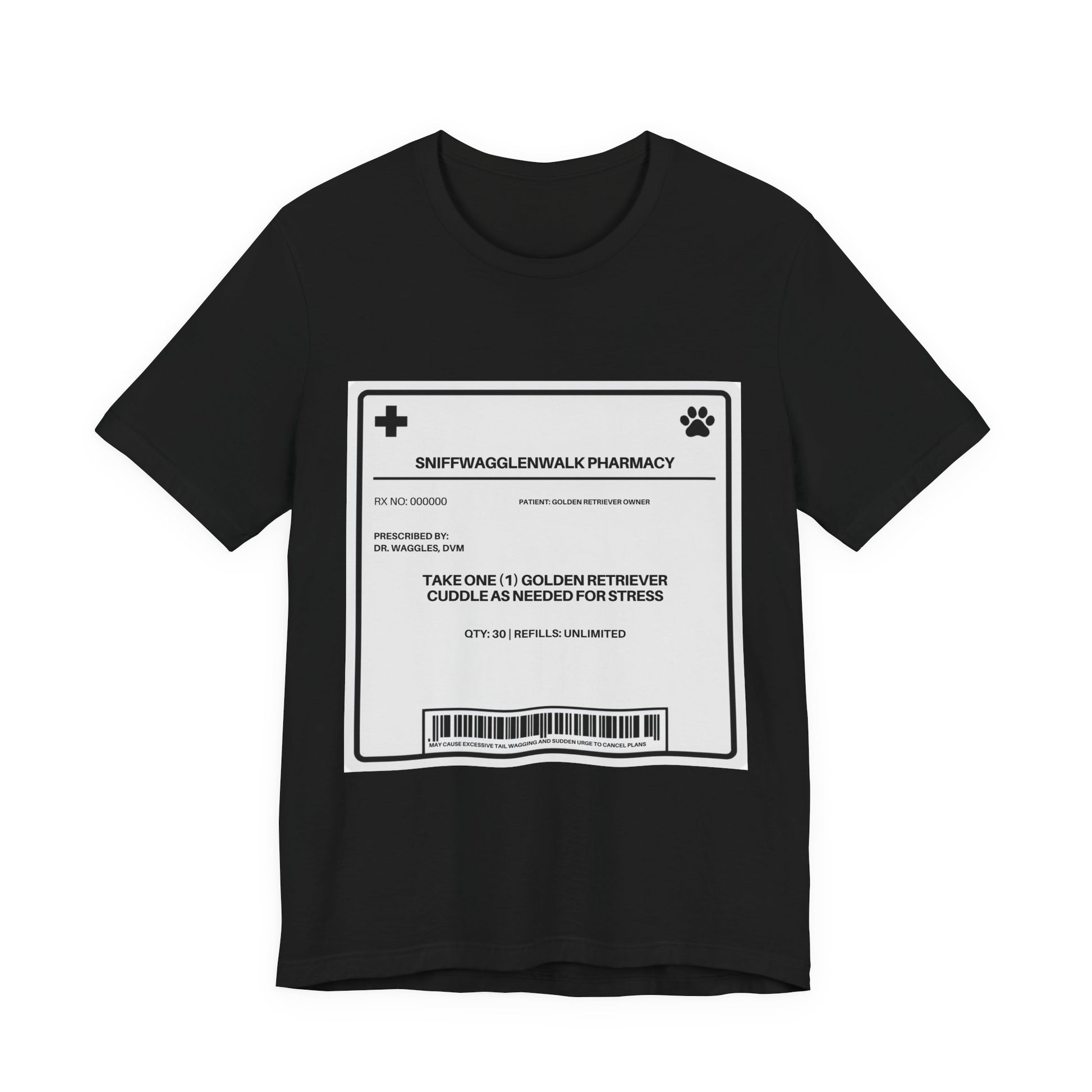 Golden Retriever Prescription Label t-shirt print close-up - SniffWaggleNWalk