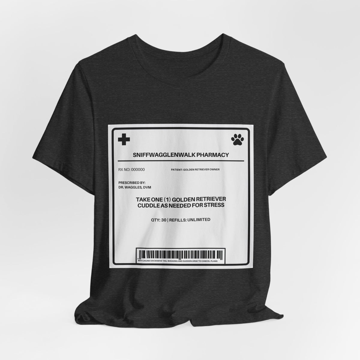 Golden Retriever Prescription Label t-shirt full design view - SniffWaggleNWalk