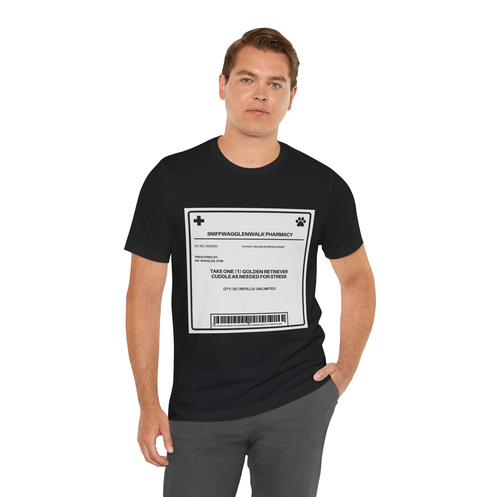 Golden Retriever Prescription Label t-shirt flat lay - SniffWaggleNWalk