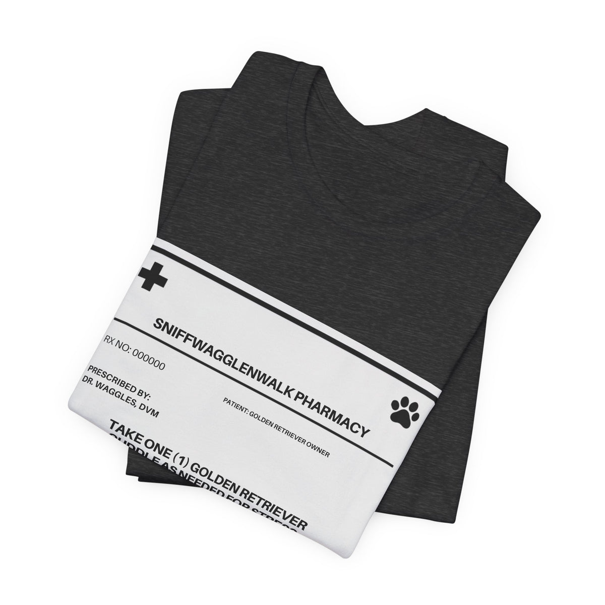 Golden Retriever Prescription Label t-shirt on hanger - SniffWaggleNWalk