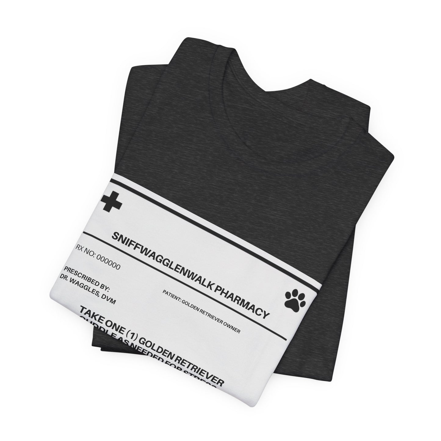 Golden Retriever Prescription Label t-shirt on hanger - SniffWaggleNWalk