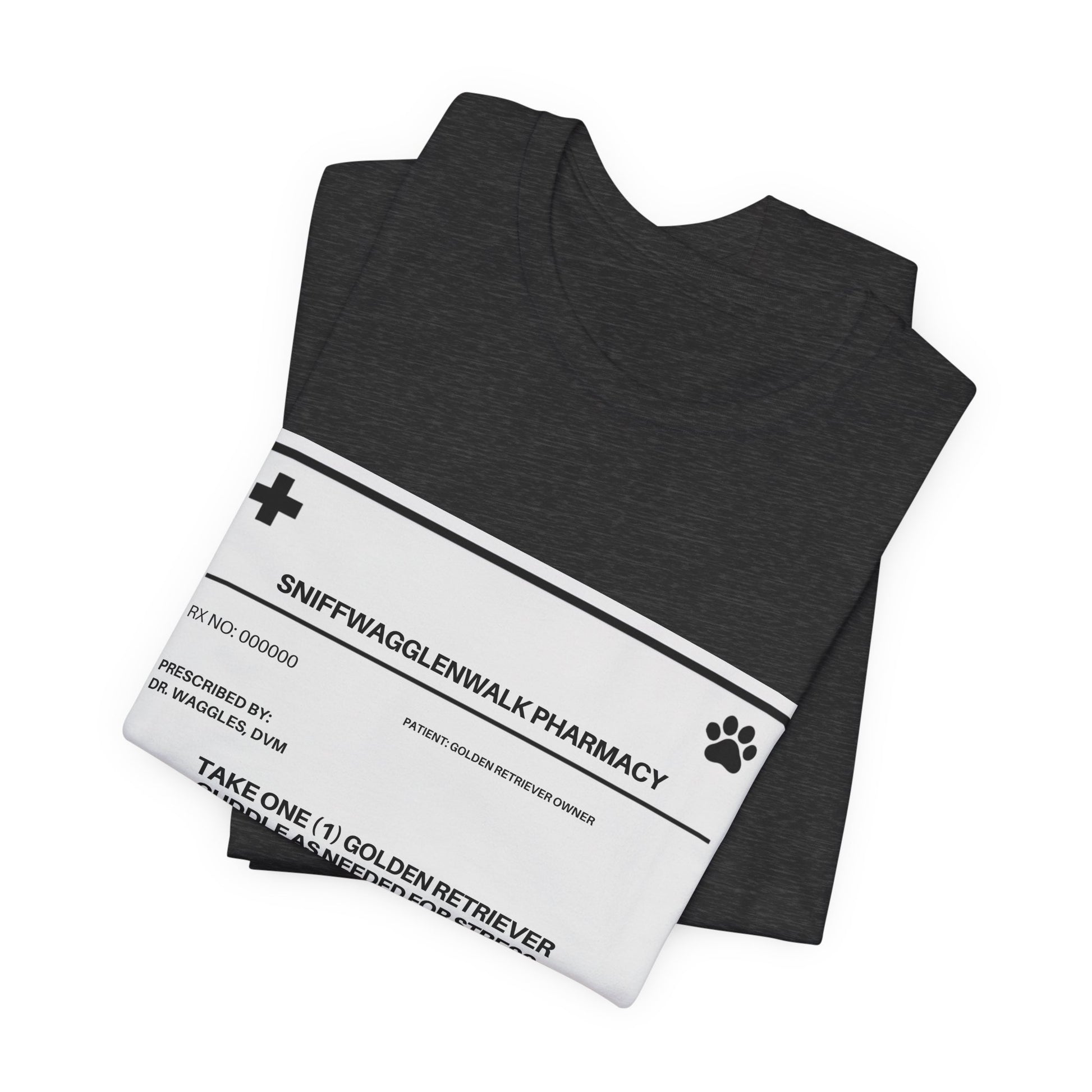 Golden Retriever Prescription Label t-shirt on hanger - SniffWaggleNWalk