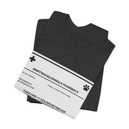 Golden Retriever Prescription Label t-shirt on hanger - SniffWaggleNWalk