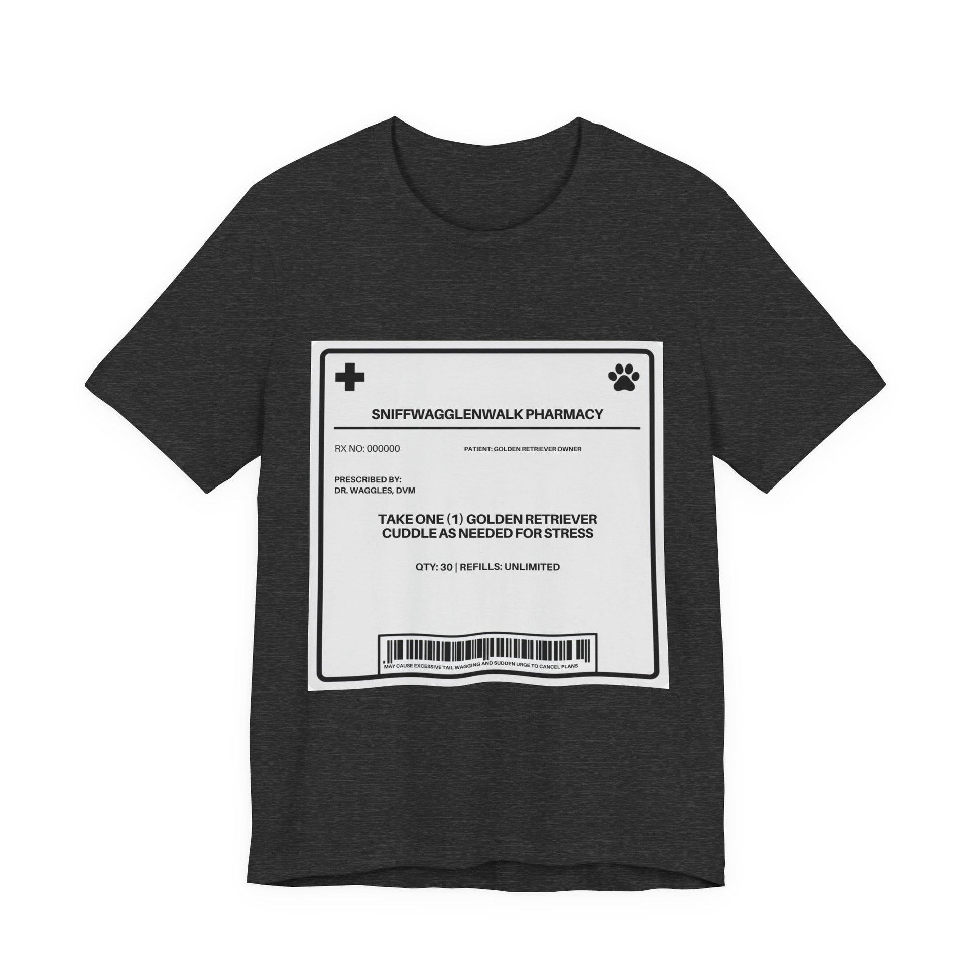 Golden Retriever Prescription Label t-shirt lifestyle photo - SniffWaggleNWalk