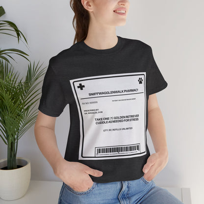 Golden Retriever Prescription Label t-shirt worn by a man - SniffWaggleNWalk