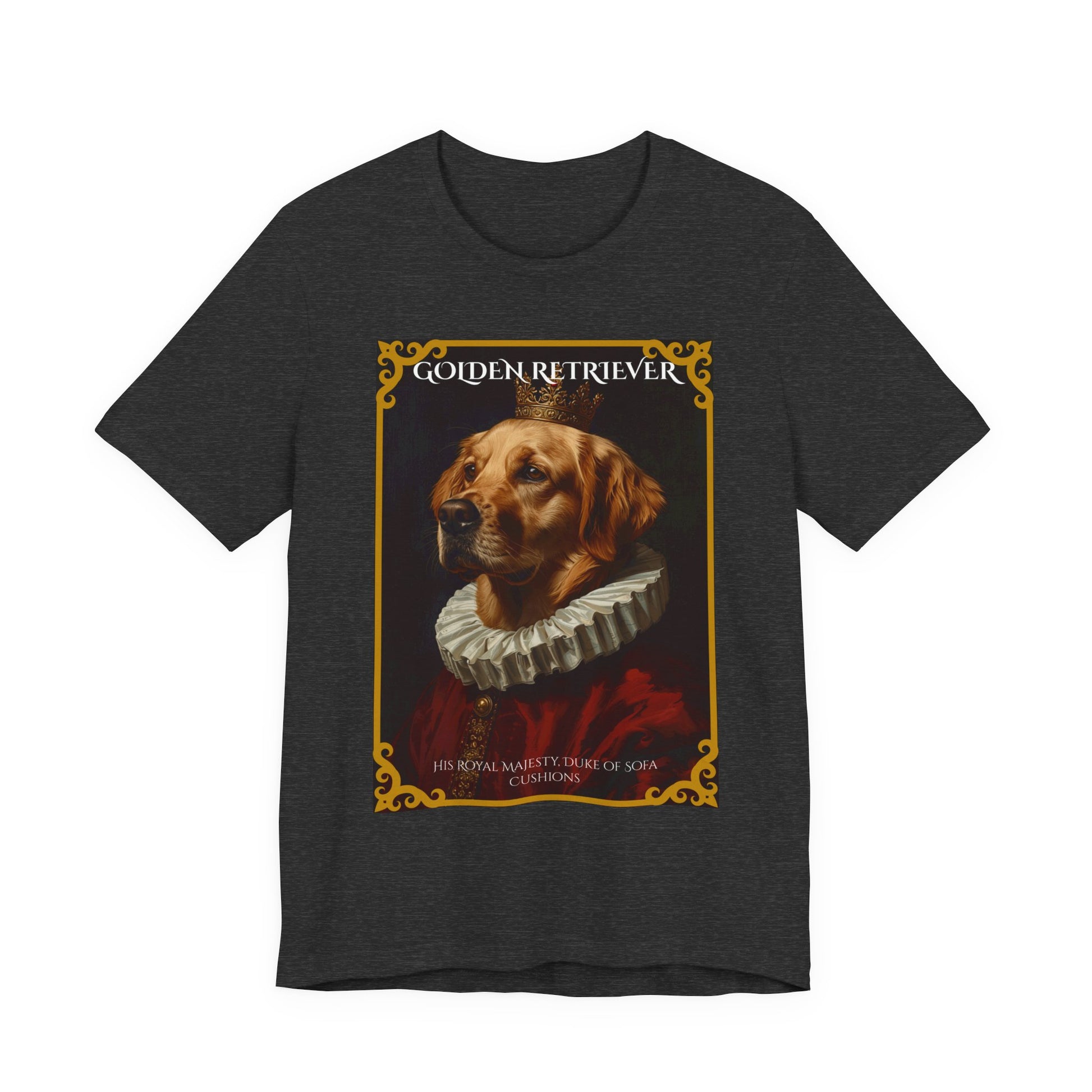 Dark Grey Heather colourway of the Golden Retriever Renaissance portrait t-shirt