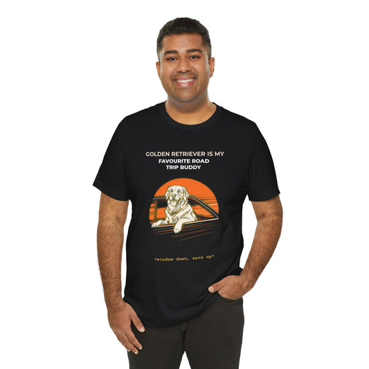 Golden Retriever Road Trip Buddy t-shirt — funny Golden travel tee on Bella+Canvas 3001, view 1