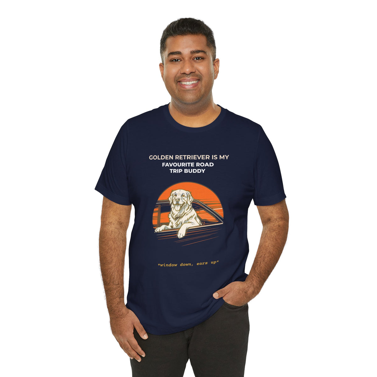 Golden Retriever Road Trip Buddy t-shirt — funny Golden travel tee on Bella+Canvas 3001, view 4