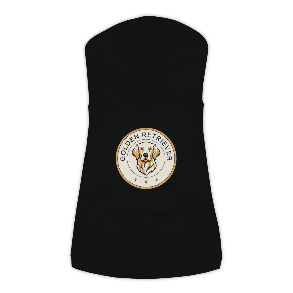 Golden Retriever dog hoodie in Black — vintage roundel badge print on cosy fleece pullover