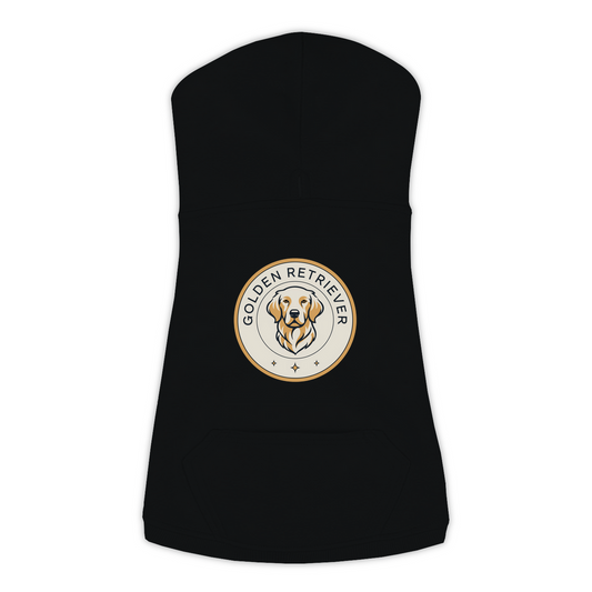 Golden Retriever dog hoodie in Black — vintage roundel badge print on cosy fleece pullover
