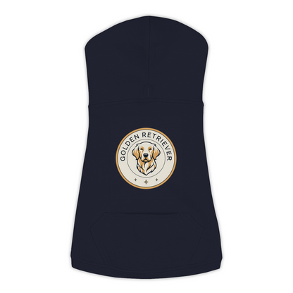 Golden Retriever dog hoodie in Navy — vintage roundel badge print on cosy fleece pullover