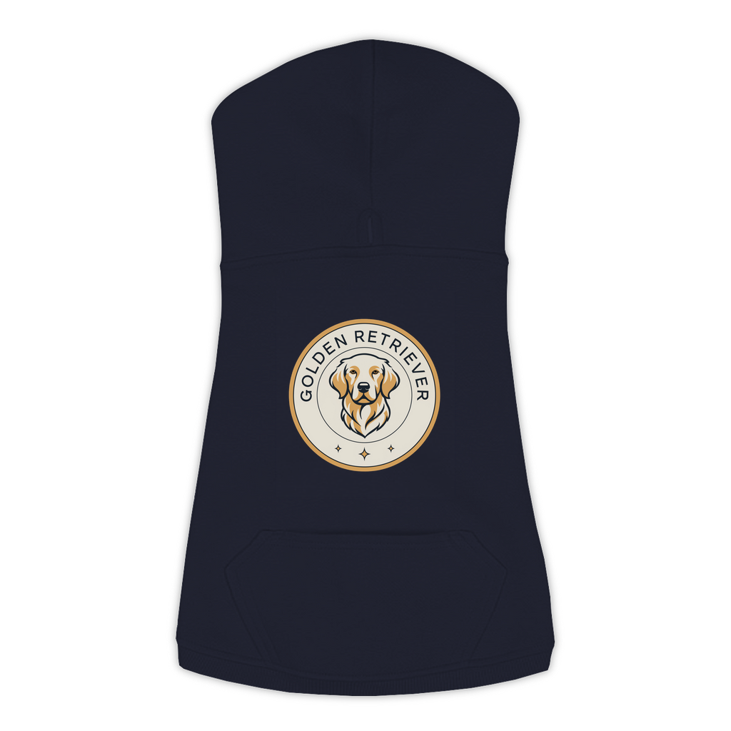 Golden Retriever dog hoodie in Navy — vintage roundel badge print on cosy fleece pullover
