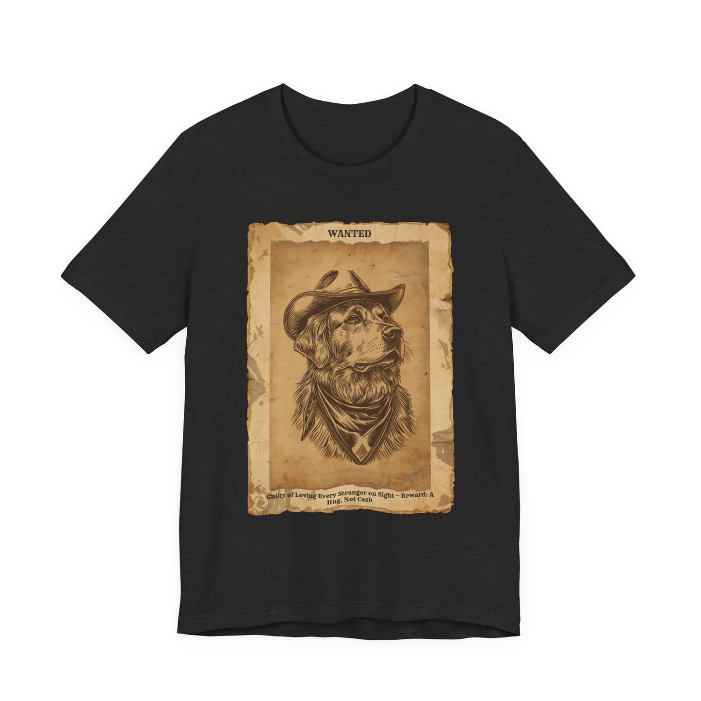 Golden Retriever Wanted Outlaw t-shirt front view black heather