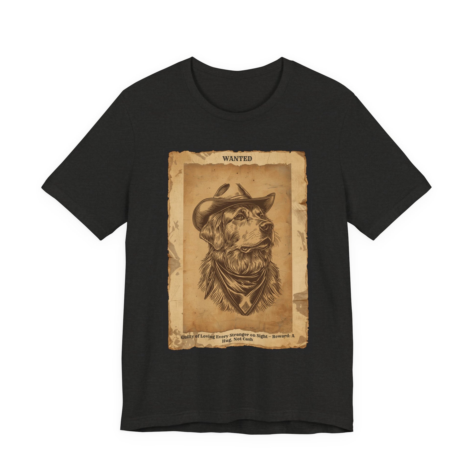 Golden Retriever Wanted Outlaw t-shirt front view black heather