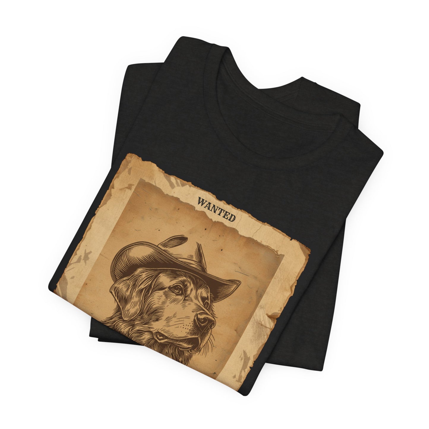 Golden Retriever Wanted Outlaw t-shirt model wearing black heather