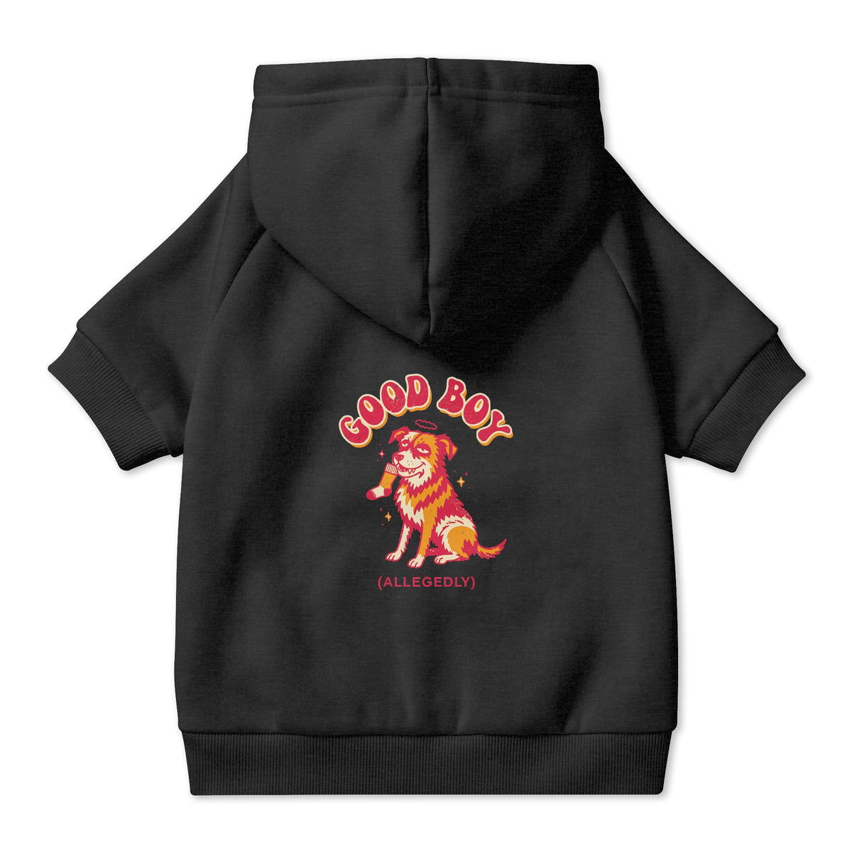 Good Boy (Allegedly) Dog Hoodie in Black, back view — SniffWaggleNWalk™