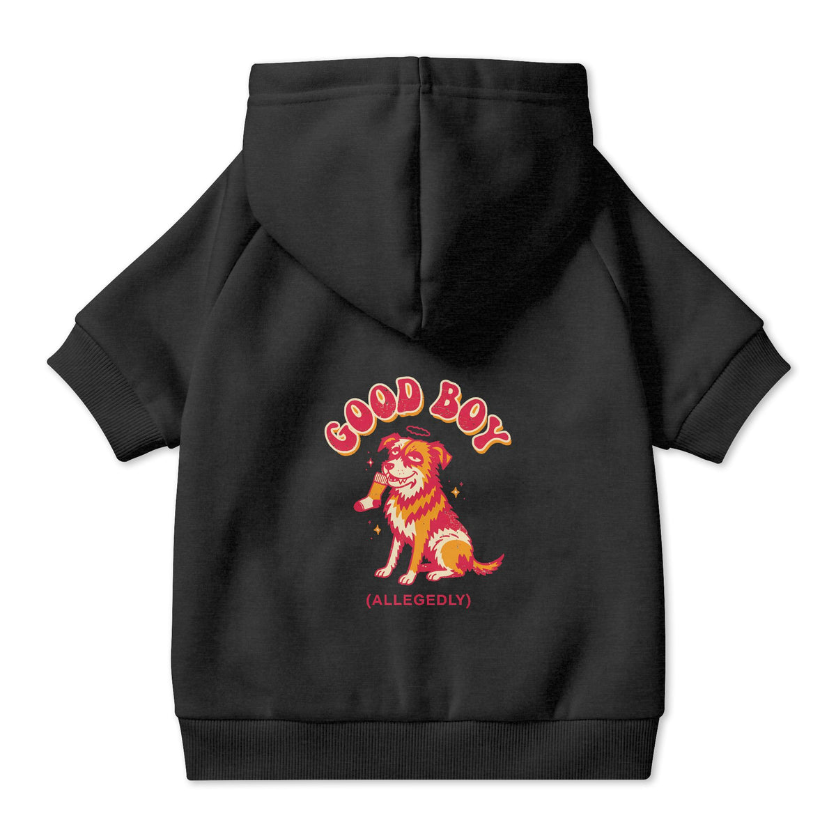Good Boy (Allegedly) Dog Hoodie in Black, back view — SniffWaggleNWalk™