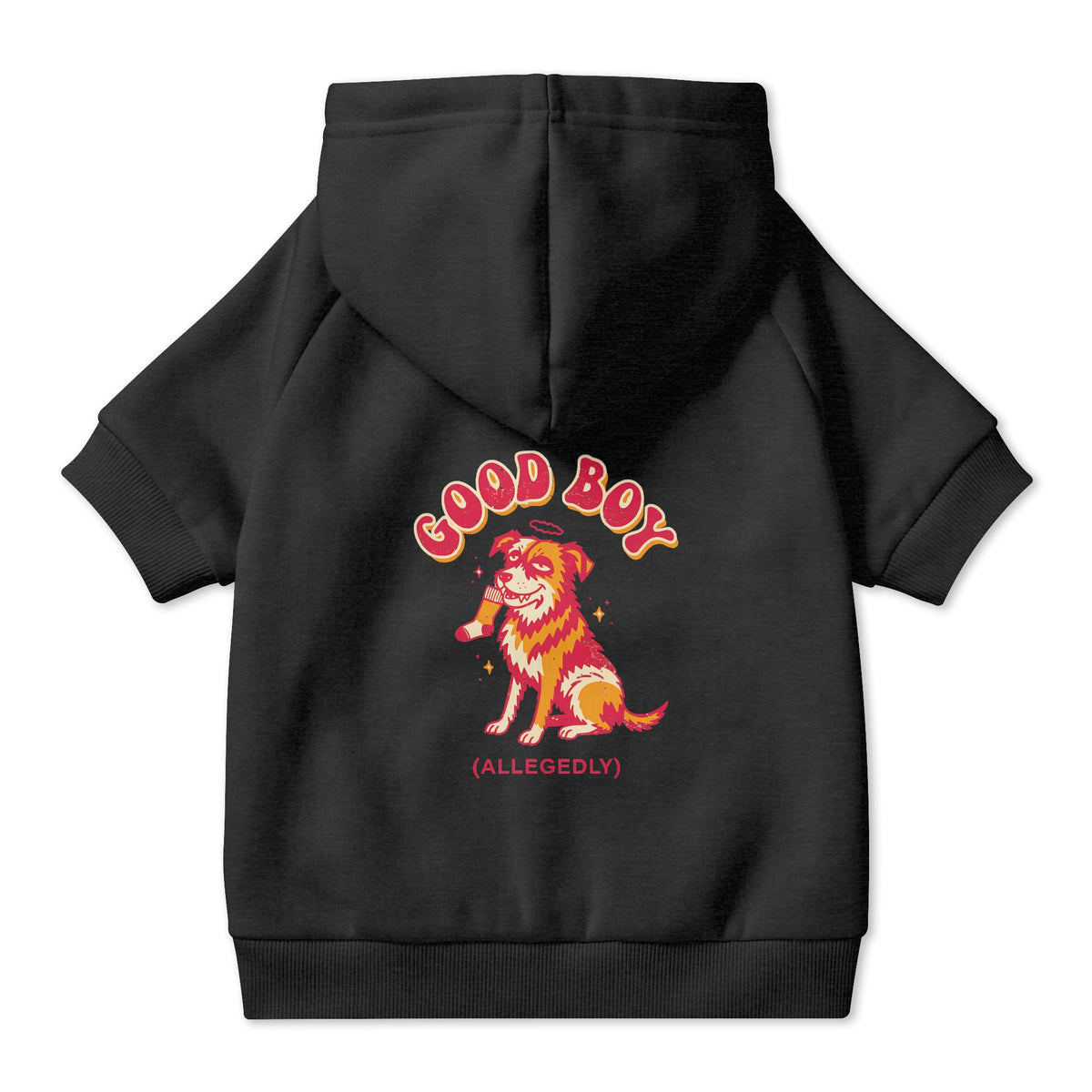 Good Boy (Allegedly) Dog Hoodie in Black, back view — SniffWaggleNWalk™