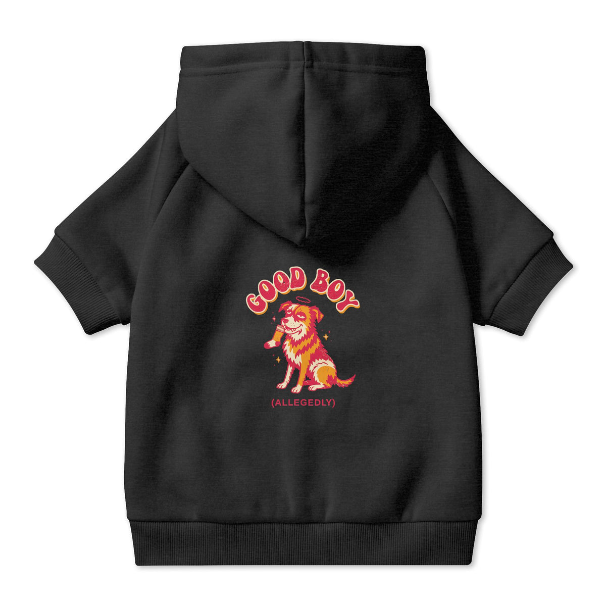Good Boy (Allegedly) Dog Hoodie in Black, back view — SniffWaggleNWalk™