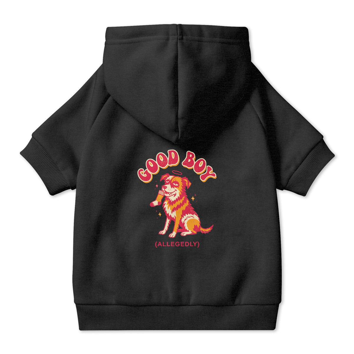Good Boy (Allegedly) Dog Hoodie in Black, back view — SniffWaggleNWalk™